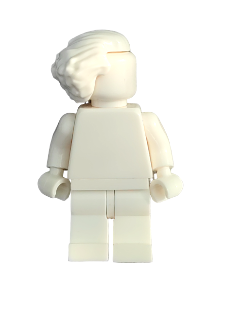 A LEGO minifigure with a plain white torso, arms, and legs stands against a white background. It features a distinctive Wig (Product: 6334236) styled in a swept-back design with bushy back hair, adding flair to the scene.