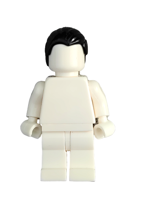 A white LEGO minifigure with a blank face and black hair (LEGO 4654944 Wig - UB1351) has standard jointed limbs and stands upright against a white backdrop.