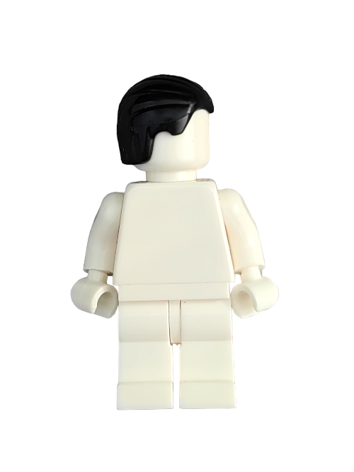 A LEGO minifigure featuring the 4654944 Wig, Black Hair Combed Swept Back - UB1351 and a plain white body stands against a white background. The figure faces slightly left, highlighting its minimalist design with no facial features or accessories.