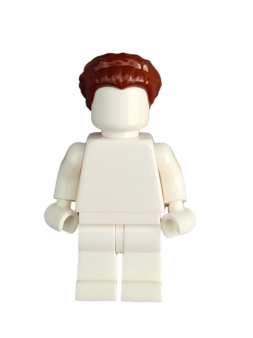 A LEGO minifigure features the short brown hair with braided sides (Product: LEGO 6240205 UB1354) and sports a plain white outfit, set against a white backdrop.
