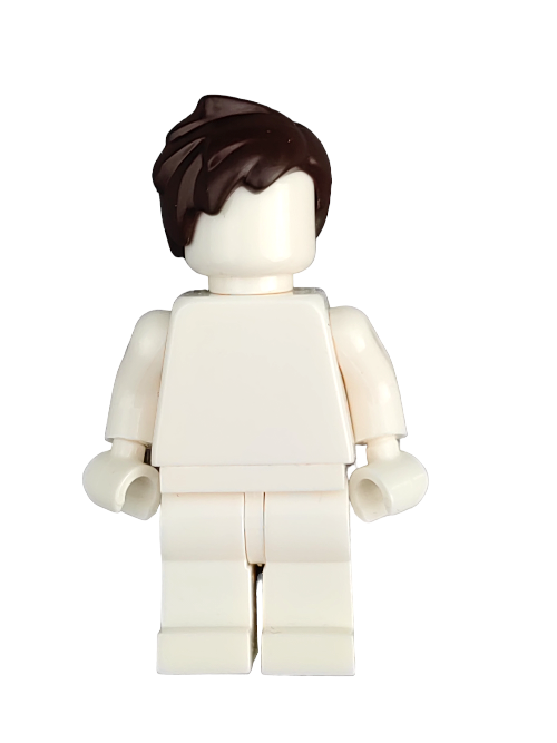 A LEGO minifigure, featuring the exclusive LEGO 6220908 Wig in dark brown short wavy style, stands out against a pristine white background, highlighting the collectible charm of these iconic figures.