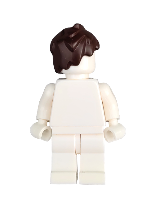 The LEGO 6220908 minifigure features the UB1324 wig, with dark brown short wavy hair, and wears an all-white outfit while standing with its back to the camera.