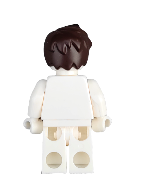 A LEGO minifigure showcases the back of the LEGO 6220908 Wig, Dark Brown Short Wavy Hair, and wears a plain white outfit with slightly bent arms positioned along its sides.
