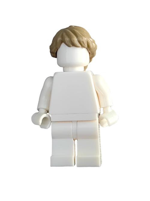 A white LEGO minifigure features the 6395408 Wig, Yellow Hair Long Ponytail French Braids (UB1328) set and a neutral outfit against a plain white background.