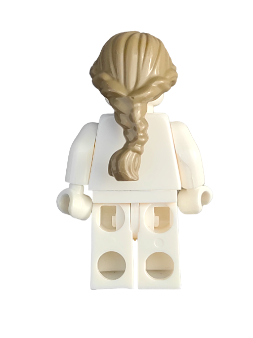 A LEGO minifigure is displayed from the back, donning a white outfit and the LEGO 6395408 Wig featuring yellow hair styled in long ponytail French braids. The arms are slightly extended against a plain white background.
