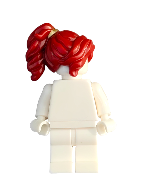 The LEGO 6178777 minifigure features deep red, long, wavy hair styled in a ponytail with a gold hair band. Its white body, viewed from the back, highlights the intricacy of the UB1335 wig design.
