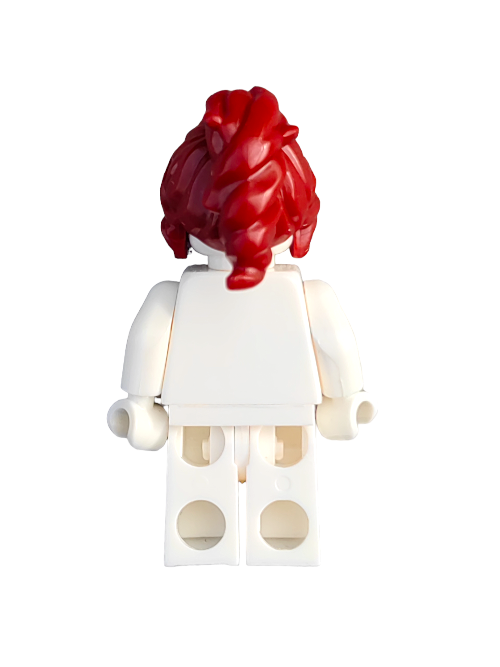 Back view of a LEGO minifigure with UB1335 deep red long and wavy hair featuring a ponytail and gold band, wearing a white outfit. Its arms are at its sides against a plain white background.