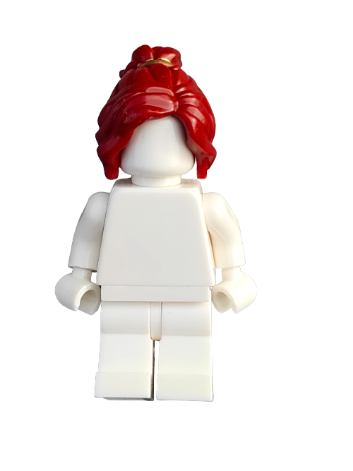 A Lego minifigure in white, featuring a deep red long and wavy hairpiece with a ponytail and gold hair band (LEGO 6178777 UB1335), is posed against a white background.