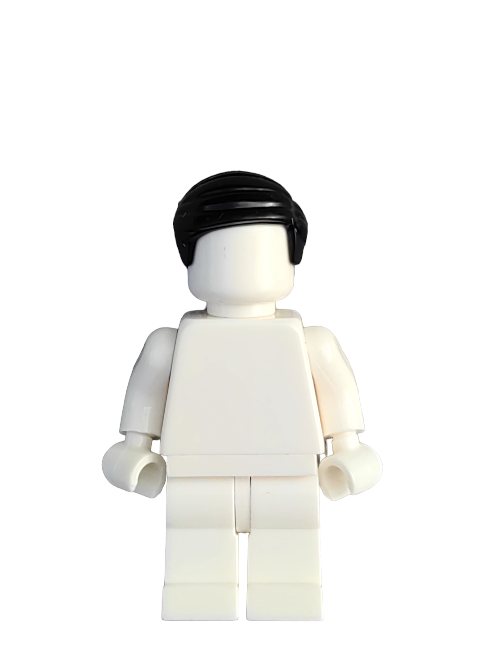A faceless LEGO Minifigure with a white body and wearing the LEGO 4653226 Wig, featuring short black hair combed to the side, stands against a plain white background in a simple, featureless outfit.