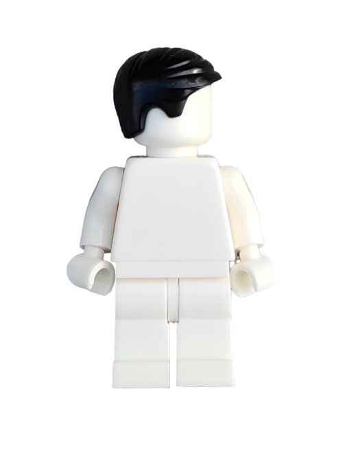 A white LEGO minifigure wearing the LEGO 4653226 Wig, Black Hair Short Combed to the Side - UB1339 is positioned slightly to the side against a plain white background, embodying classic minifigure style.