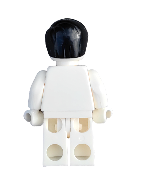 A back view of a LEGO minifigure with short black hair, a white torso, and matching legs features the LEGO 4653226 Wig, Black Hair Short Combed to the Side - UB1339 against a pristine white background.