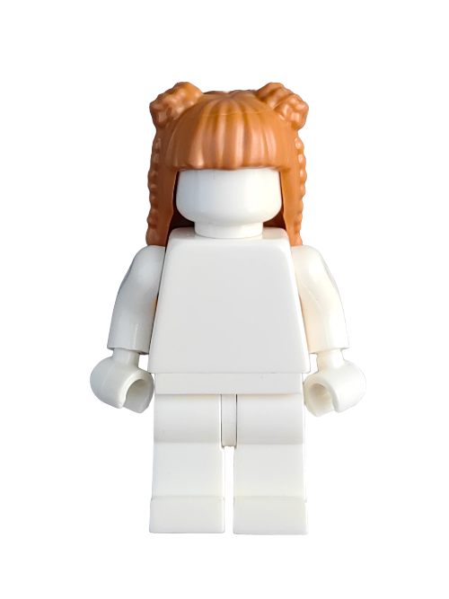 A LEGO 6399051 white minifigure with a ginger hair wig featuring long buns, braids, and a hole for a pin stands against a stark white backdrop. This classic Minifigures style lacks facial features or clothing details.