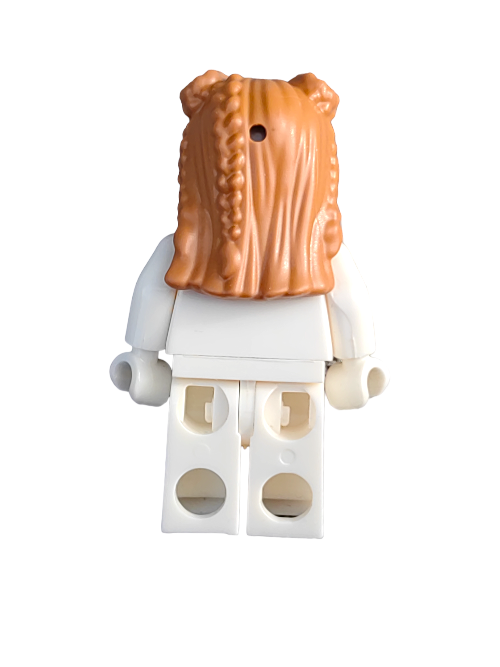 A Lego figure wearing the LEGO 6399051 Wig, featuring long ginger hair with buns and braids, faces away from the viewer in a white outfit with no visible facial features.