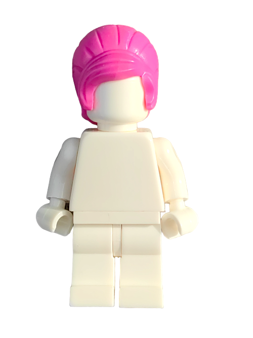 A LEGO 6400427 figure with a plain white body showcases a stylish pink beehive wig with side fringe against a pristine white background.