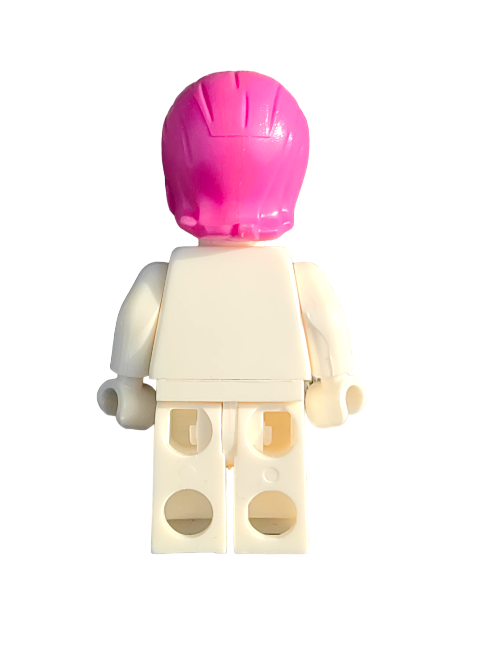 This toy figure features the LEGO 6400427 Wig in a pink beehive style with a side fringe, paired with a plain white outfit against an unadorned white background.