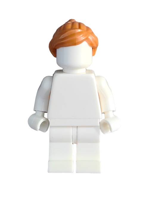 The LEGO minifigure features the 6093260 Wig with ginger hair in a ponytail and side-swept fringe, ideal for Minifigure collections.