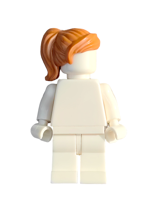 This LEGO 6093260 minifigure, from the Minifigure collections, features a plain white body and is highlighted by its unique LEGO 6093260 ginger hair ponytail wig with a side-swept fringe on a crisp white background.