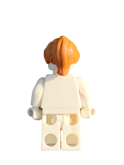 The LEGO 6093260 figure displays a ginger ponytail and fringed wig from the rear, emphasizing its blocky design and articulated limbs, making it ideal for any minifigure collection.
