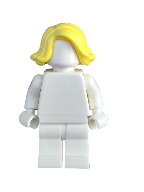 A white Lego figure with a LEGO 6179744 Wig, featuring short yellow hair swept sideways, stands against a plain backdrop, lacking facial features or clothing details.