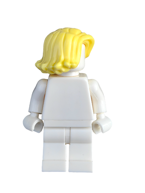Against a plain white background, the LEGO 6179744 minifigure with a UB1289 Yellow Hair Short Swept Sideways Wig stands facing away, showcasing its intricate hairstyle.