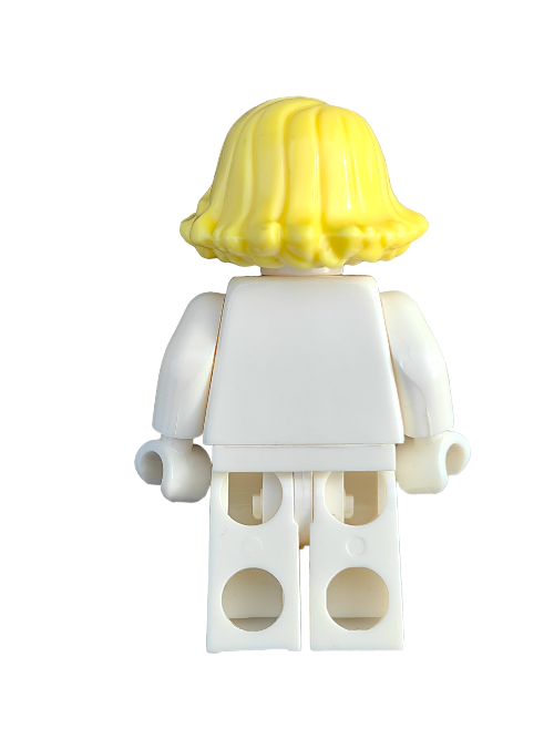 A LEGO 6179744 minifigure features a yellow hairpiece styled short and swept sideways, viewed from the back. It stands against a white background with arms resting calmly at its sides.