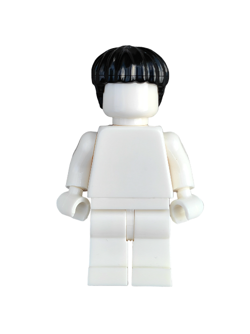 A LEGO 6405102 minifigure, featuring the iconic Wig, Black Hair Short Bowl Haircut - UB1296, stands against a white backdrop. This minimalistic figure lacks facial and clothing details but highlights the classic minifigure hairstyle.