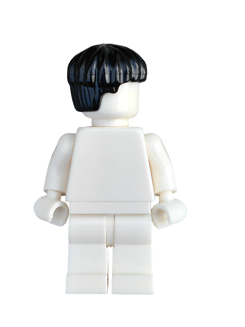 A LEGO minifigure with a plain white torso and legs stands upright, featuring the LEGO 6405102 Wig as sleek black hair in a short bowl haircut. Set against a simple white background, it exudes classic charm.