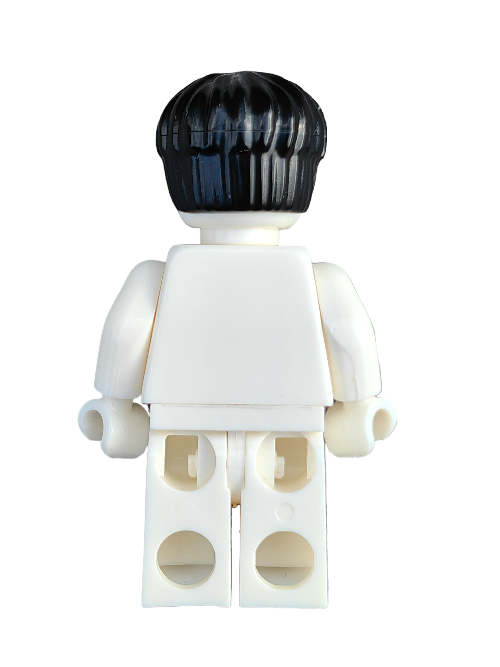 Rear view of a white LEGO minifigure wearing the LEGO 6405102 Wig, Black Hair Short Bowl Haircut - UB1296. Its arms are slightly bent, focusing on the torso and legs with visible stud connection points.