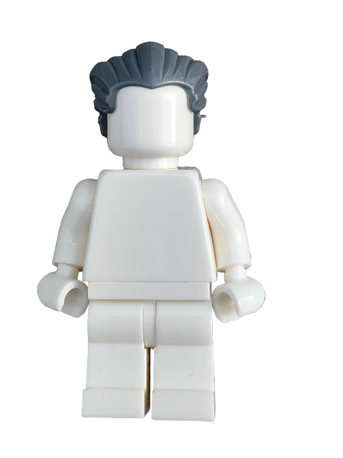 A LEGO minifigure with the 6345687 dark grey swept-back hair wig, set against a plain white background.