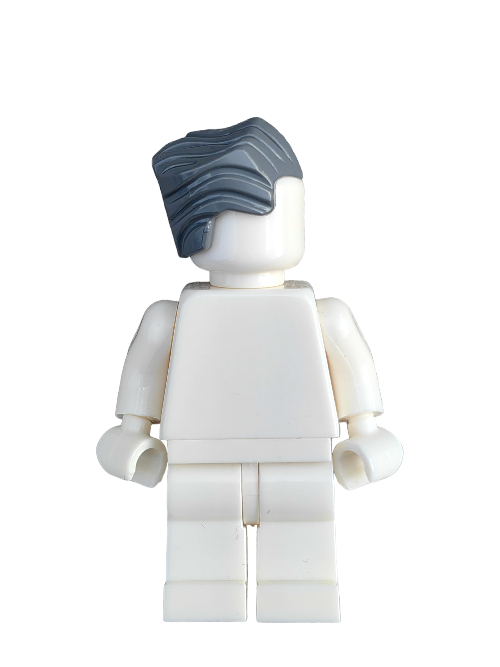 A white LEGO minifigure showcases the dark grey hairpiece, LEGO 6345687 Wig, Dark Grey Hair Swept Back with a Peak - UB1304, while standing upright against a plain white background.