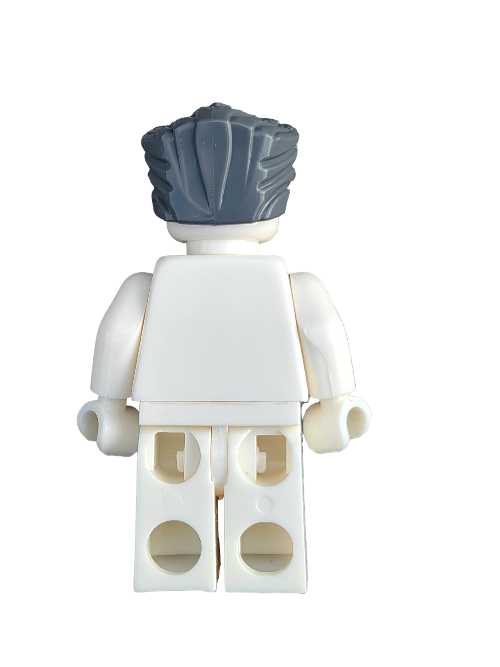 A white Lego minifigure is shown from the back, featuring the LEGO 6345687 dark grey hairpiece swept back with a peak. It lacks facial features or clothing details, with slightly bent arms and legs in a standard standing position.