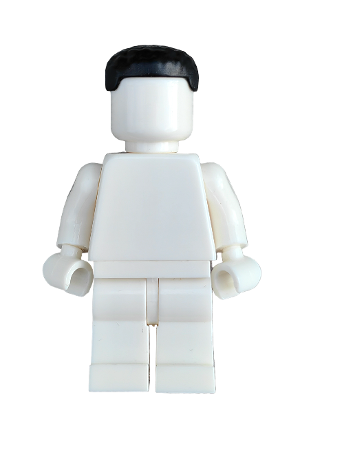 The LEGO 6356860 features a plain white block-style figure with simple articulation and a minimalist design. It comes with the UB1308 black hair wig, styled short with flat sides, set against a white background.