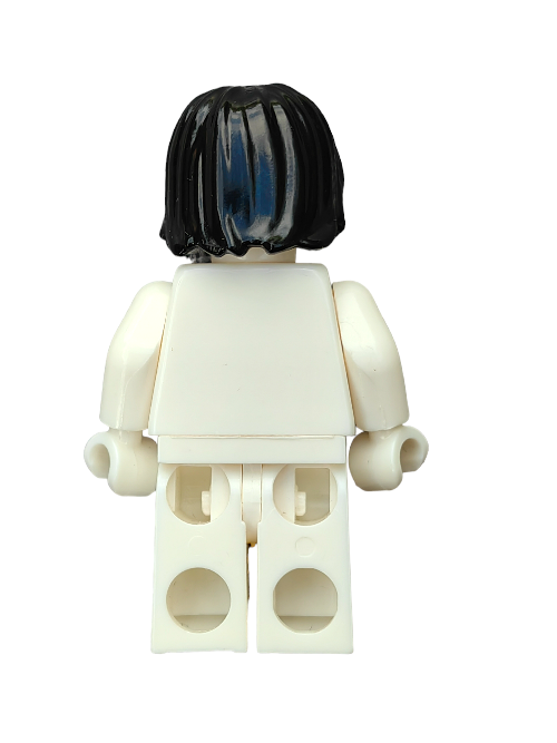 A LEGO minifigure displays a plain white body from the back, complemented by arms and legs of the same color. It features LEGO 4568933 Wig, Black Hair Medium Length with Middle Parting - UB1312, reminiscent of diverse minifigure hairstyles.