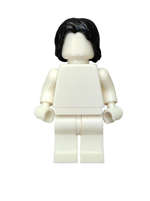 On a pristine white background, a Lego minifigure features a black hair wig (LEGO 4568933) with medium length and middle parting. Its facial features and clothing details are elusive.