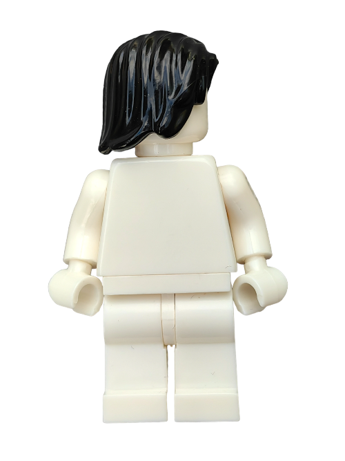 A plain white minifigure with black, medium-length hair (LEGO 4568933 Wig), no printed details, and basic features like arms, legs, and a head. Its sleek style can be easily swapped out with other Minifigure wigs for a new appearance.