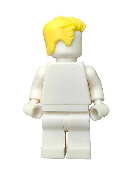 The back view of a customizable white LEGO minifigure showcases the LEGO 6151874 Wig, featuring yellow hair swept left with a slight peak and short sideburns, adding unique style through striking contrast and playful design.