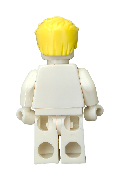A LEGO 6151874 minifigure with a yellow wig-style hairpiece featuring a left sweep, slight peak, and short sideburns stands against a white background. The beige torso and legs highlight the limitless customization options.