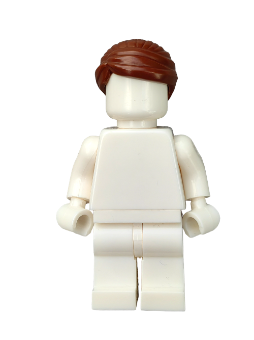 Against a white backdrop, the white LEGO minifigure displays its Minifigure Wig: the LEGO 6403064, which features brown hair swept back into a bun.