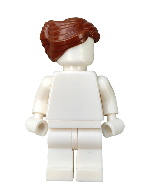 Against a white background stands the white plastic LEGO toy figure featuring the 6403064 Wig—brown hair styled into a bun—showcasing the minimal design typical of headless and armless building block toys.