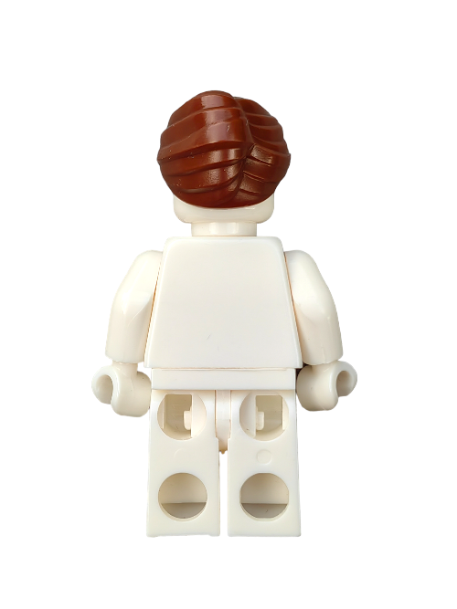 The LEGO 6403064 minifigure showcases a detailed brown hairstyle swept back into a bun, viewed from behind. The white figure is unclothed without accessories and has arms slightly bent at its sides.