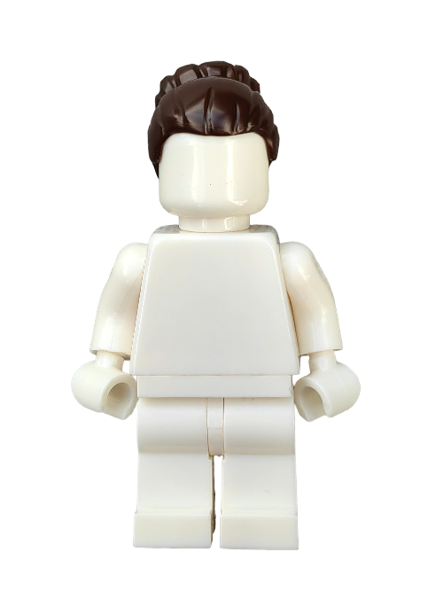 A neutral-posed white minifigure features the LEGO 6158322 Wig, styled in a high bun of dark brown hair, against a plain white backdrop.