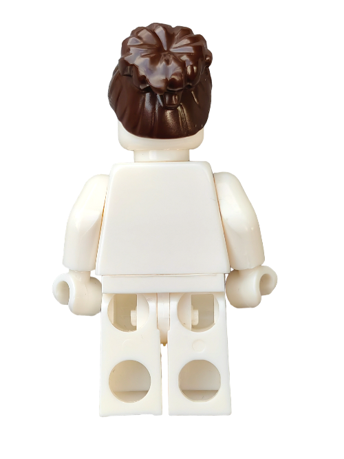 A LEGO minifigure in a white outfit with the LEGO 6158322 Dark Brown Hair Wig featuring a large high bun is displayed against a plain white background.
