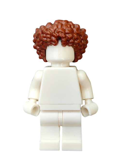 A LEGO minifigure with a plain white body and the LEGO 6386834 Wig, Brown Hair Bushy - UB1290 stands facing forward on a white background. This unique minifigure accessory lacks facial features or clothing details, making it a versatile addition to any collection.