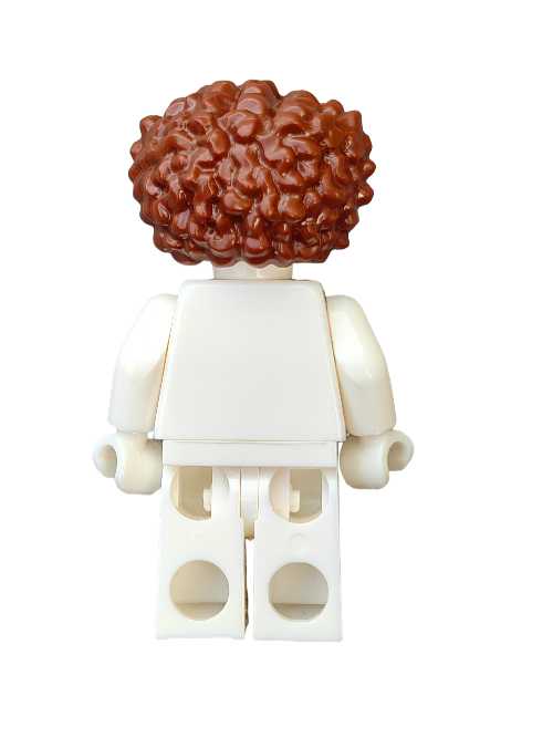 A LEGO Minifigure is displayed from the back with a white body and legs, wearing a distinctive brown hair bushy wig known as the LEGO 6386834 Wig, Brown Hair Bushy - UB1290.