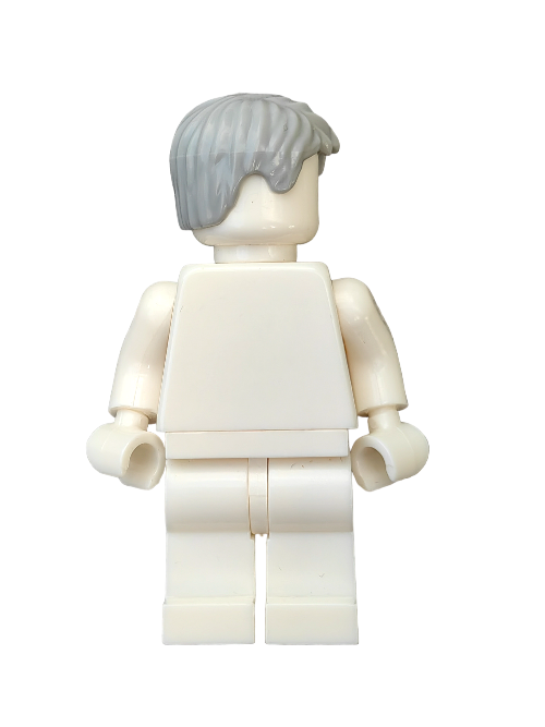 A beige LEGO minifigure is seen from the back, wearing a gray short messy wig (LEGO 6075237 - UB1294). The figure has no facial details or clothing elements, with its arms positioned downward.
