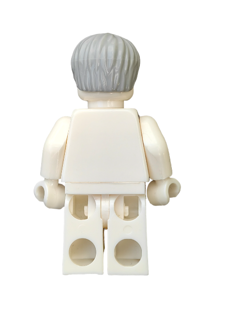 Rear view of a LEGO minifigure sporting the 6075237 Wig, Grey Hair Short Messy Look - UB1294. The beige figure lacks accessories, highlighting its classic design with movable arms and legs.