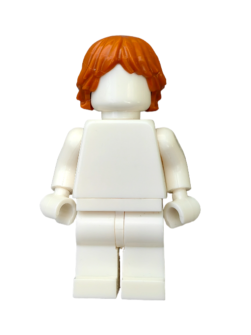 A LEGO minifigure in a plain white outfit, with no facial features, sports ginger hair styled in a short cut. The white background emphasizes the customizable design, inviting personalization with the LEGO 6125719 Wig, featuring ginger hair with a front parting and layered style for unique flair.