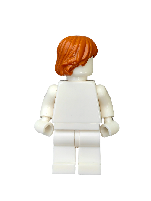 A Lego minifigure with a plain white body stands upright, facing away to showcase its medium-length ginger hair. This setup, featuring the LEGO 6125719 Wig with front parting and layers, offers endless customization possibilities.