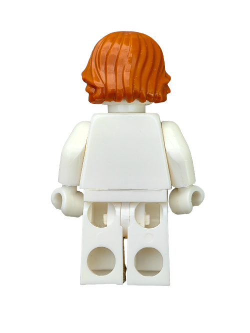 The back view of a Lego minifigure features ginger hair with a front parting and layered (LEGO 6125719) and a white outfit, set against a plain white background, highlighting customization possibilities like swapping Minifigure Wigs.