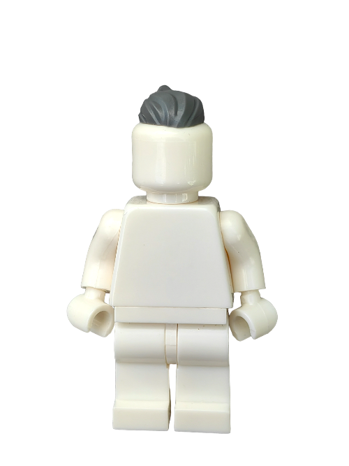 A white LEGO minifigure with a plain white outfit and no facial features is seen from the back, wearing the distinctive accessory: LEGO 6338388 Wig, Grey Hair Narrow Swept Back with Ponytail - UB1305.
